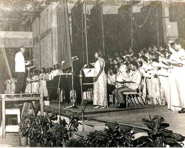 Bill Pilgrim conducts a performance of The Legend of Kaieteur at the NCC, during the 1972 Caribbean Festival of Culture and Arts. Photograph courtesy Bill Pilgrim